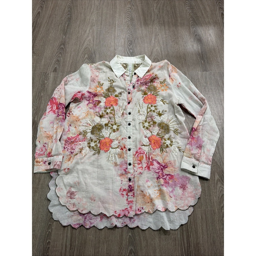 Aratta THE THOUGHT OF YOU Shirt Small Embroidered  Sheer Floral Boho Button Up
